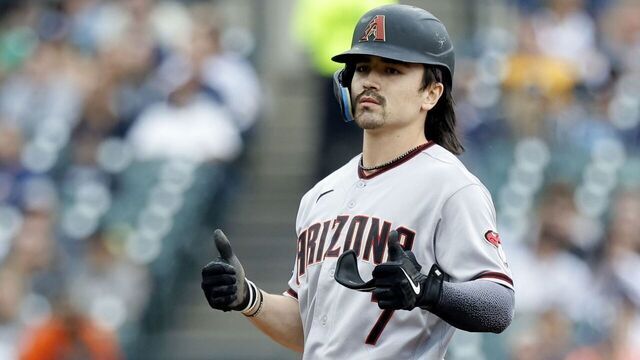 DETROIT, MI - JUNE 11: Corbin Carroll #7 of the Arizona Diamondbacks with a double during the eighth inning against the Detroit Tigers at Comerica Park on June 11, 2023 in Detroit, Michigan.
