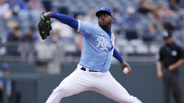 KANSAS CITY, MO - MAY 04: Kansas City Royals relief pitcher Aroldis Chapman (54) delivers a pitch during an MLB game against the Baltimore Orioles on May 04, 2023 at Kauffman Stadium in Kansas City, Missouri.