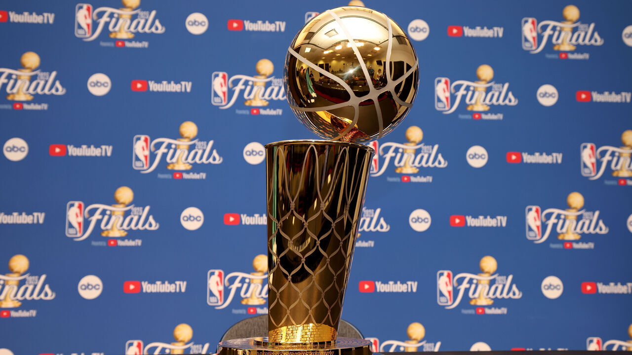 MIAMI, FL - JUNE 7: The Larry O'Brien Trophy from before Game Three of the 2023 NBA Finals between the Denver Nuggets and the Miami Heat on June 7, 2023 at Kaseya Center in Miami, Florida. Mandatory Copyright Notice: Copyright 2023 NBAE