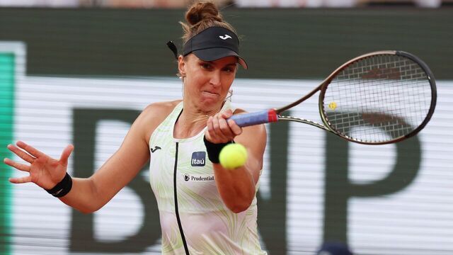 Beatriz Haddad Maia competes during the women's singles semifinal match between Iga Swiatek of Poland and Beatriz Haddad Maia of Brazil at the French Open tennis tournament at Roland Garros in Paris, France, on June 8, 2023.
