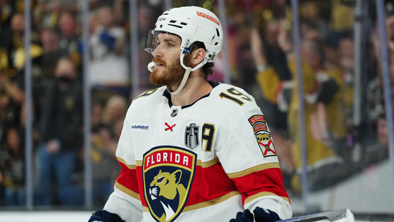 LAS VEGAS, NEVADA - JUNE 05: Matthew Tkachuk #19 of the Florida Panthers looks on during the second period against the Vegas Golden Knights in Game Two of the 2023 NHL Stanley Cup Final at T-Mobile Arena on June 05, 2023 in Las Vegas, Nevada.