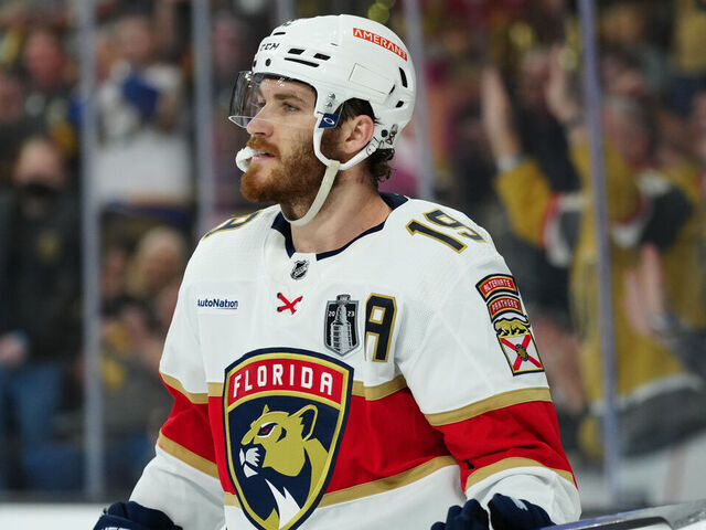 LAS VEGAS, NEVADA - JUNE 05: Matthew Tkachuk #19 of the Florida Panthers looks on during the second period against the Vegas Golden Knights in Game Two of the 2023 NHL Stanley Cup Final at T-Mobile Arena on June 05, 2023 in Las Vegas, Nevada.