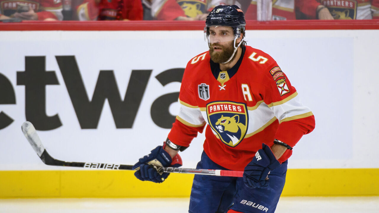 SUNRISE, FL - JUNE 10: Florida Panthers defenseman Aaron Ekblad (5) skates during Game Four of the NHL Stanley Cup Final between the Vegas Golden Knights and the Florida Panthers on June 10, 2023 at the FLA Live Arena in Sunrise, Florida.