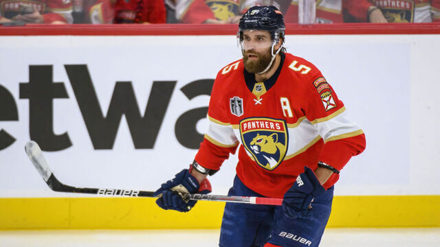 SUNRISE, FL - JUNE 10: Florida Panthers defenseman Aaron Ekblad (5) skates during Game Four of the NHL Stanley Cup Final between the Vegas Golden Knights and the Florida Panthers on June 10, 2023 at the FLA Live Arena in Sunrise, Florida.