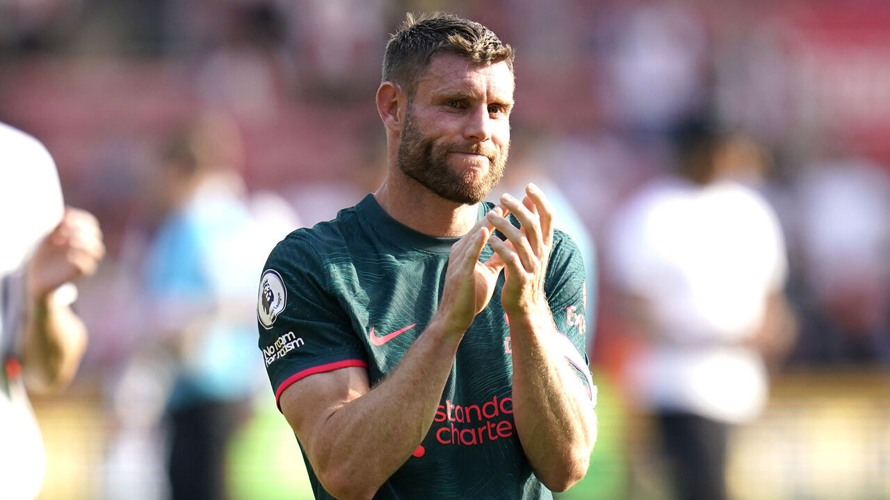 Liverpool's James Milner appears emotional as he applauds the fans after the final whistle in the Premier League match at St. Mary's Stadium, Southampton. Picture date: Sunday May 28, 2023.