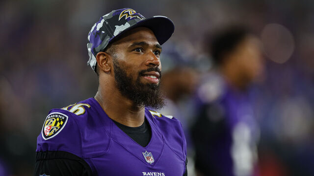 BALTIMORE, MD - AUGUST 27: Chuck Clark #36 of the Baltimore Ravens looks on against the Washington Commanders during the second half of a preseason game at M&T Bank Stadium on August 27, 2022 in Baltimore, Maryland.