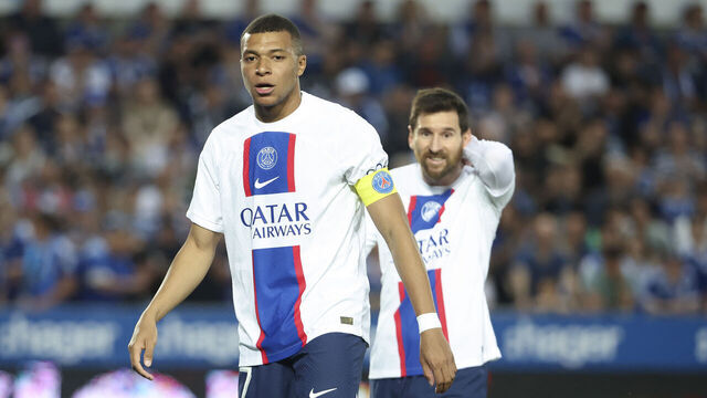 STRASBOURG, FRANCE - MAY 27: Kylian Mbappe, Lionel Messi of PSG during the Ligue 1 Uber Eats match between RC Strasbourg (RCSA) and Paris Saint-Germain (PSG, Paris SG) at Stade de la Meinau on May 27, 2023 in Strasbourg, France.