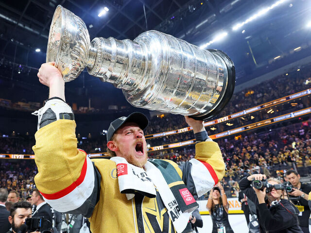 LAS VEGAS, NEVADA - JUNE 13: Jack Eichel #9 of the Vegas Golden Knights hoists the Stanley Cup after defeating the Florida Panthers to win the championship in Game Five of the 2023 NHL Stanley Cup Final at T-Mobile Arena on June 13, 2023 in Las Vegas, Nevada.