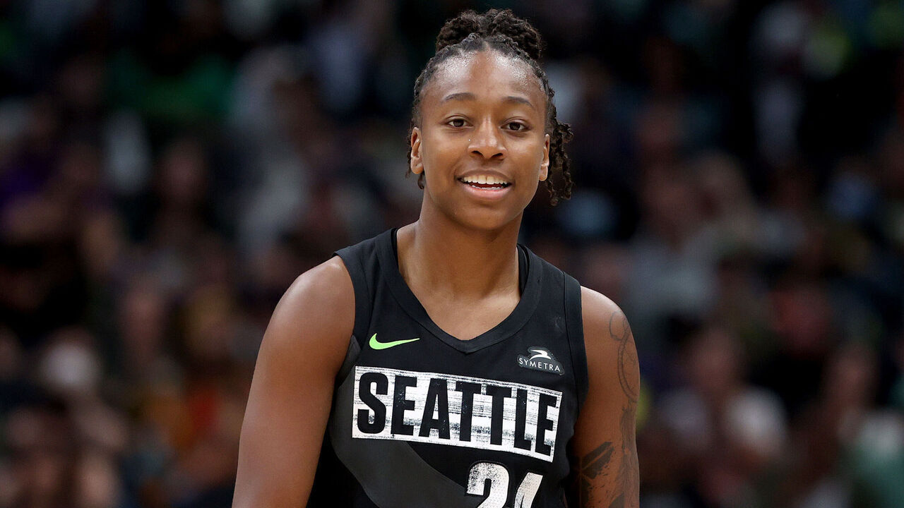 SEATTLE, WASHINGTON - JUNE 11: Jewell Loyd #24 of the Seattle Storm looks on during the fourth quarter against the Washington Mystics at Climate Pledge Arena on June 11, 2023 in Seattle, Washington.