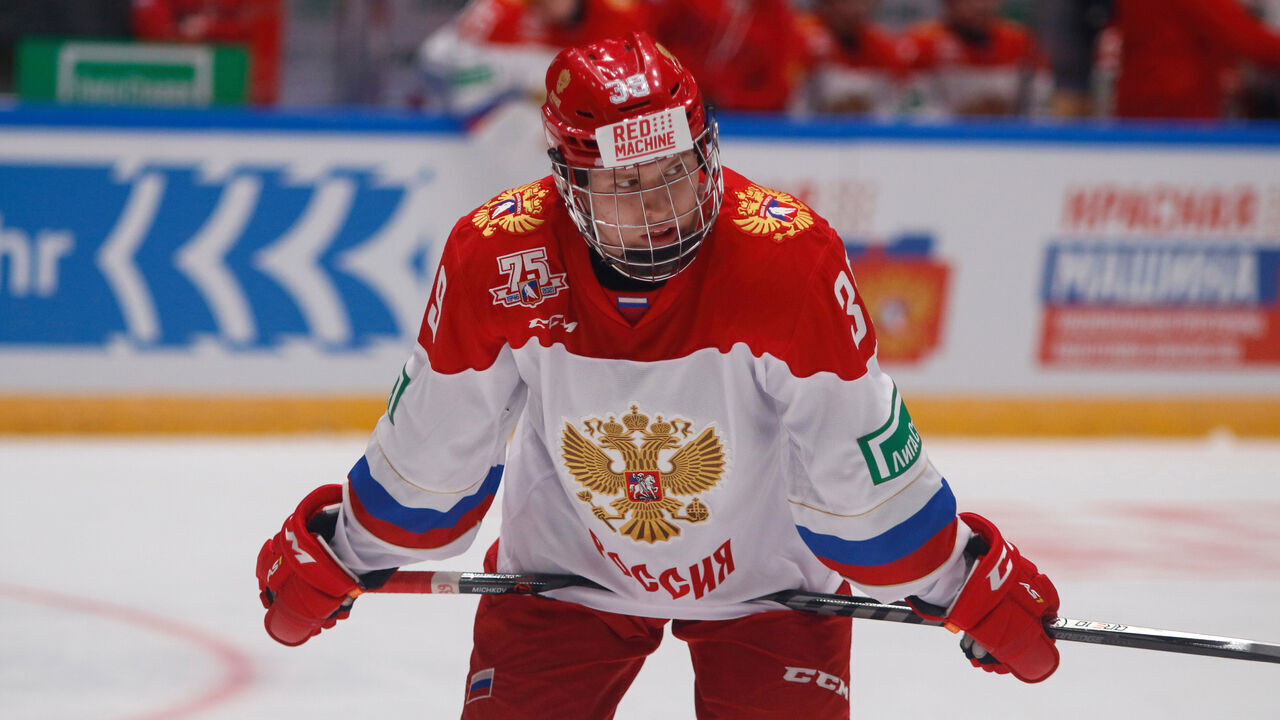 ST PETERSBURG, RUSSIA - 2022/05/05: Matvei Michkov (No.39) of Russia U20 seen in action during the Liga Stavok St. Petersburg Cup, hockey tournament match between Russia and Russia U20 at Jubilee Arena in Saint Petersburg. (Final score; Russia 4:2 Russia U20).