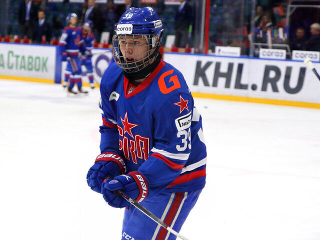 SAINT PETERSBURG, RUSSIA - 2022/09/28: SKA Hockey Club player, Matvei Michkov (No.39) seen in action during the Kontinental Hockey League, regular season KHL 2022 - 2023 between SKA Saint Petersburg and Admiral Vladivostok at the Ice Sports Palace. (Final score; SKA Saint Petersburg 6:1 Admiral Vladivostok).
