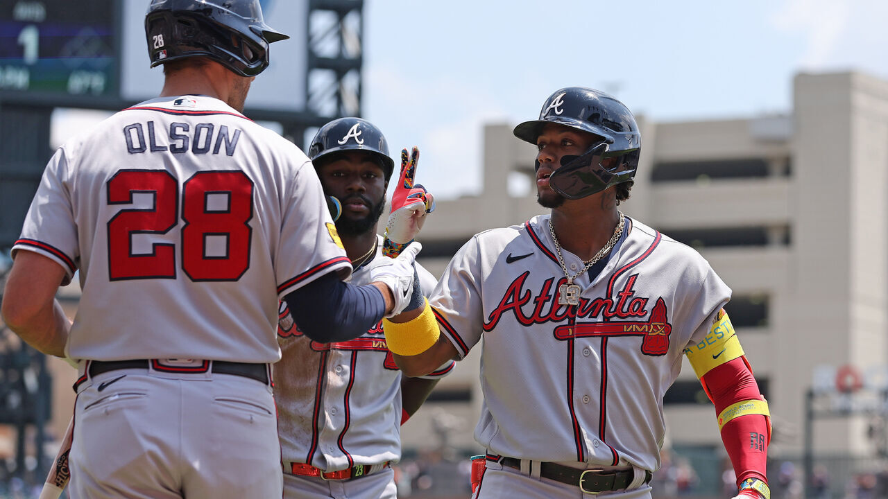 DETROIT, MICHIGAN - JUNE 14: Ronald Acuna Jr. #13 of the Atlanta Braves celebrates his two run home run in the third inning with Matt Olson #28 while playing the Detroit Tigers during game one of a double header at Comerica Park on June 14, 2023 in Detroit, Michigan.