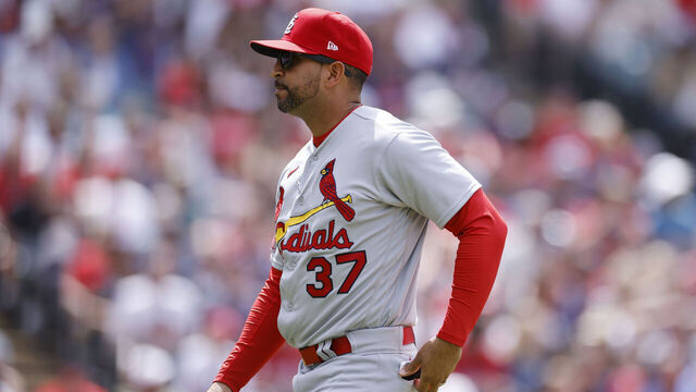 CLEVELAND, OH - MAY 28: St. Louis Cardinals manager Oliver Marmol (37) looks on during an MLB game against the Cleveland Guardians on May 28, 2023 at Progressive Field in Cleveland, Ohio.