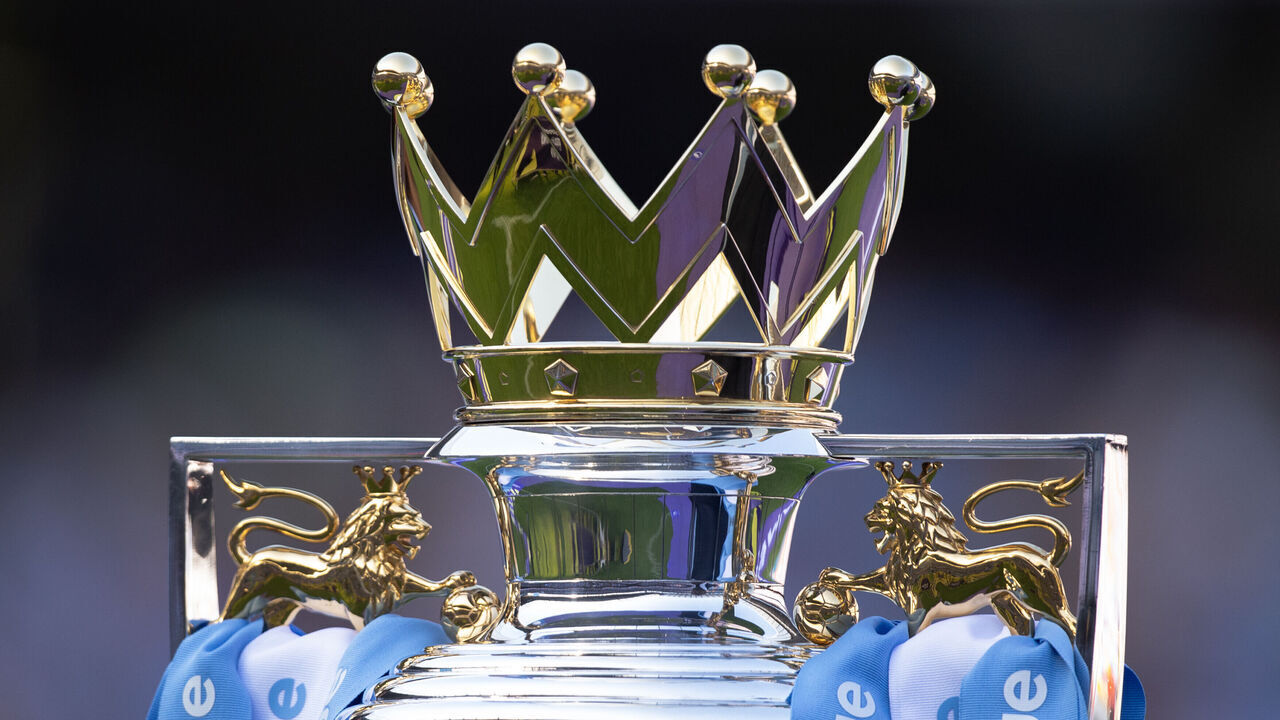 MANCHESTER, ENGLAND - MAY 21: The Premier League trophy after the Premier League match between Manchester City and Chelsea FC at Etihad Stadium on May 21, 2023 in Manchester, England.