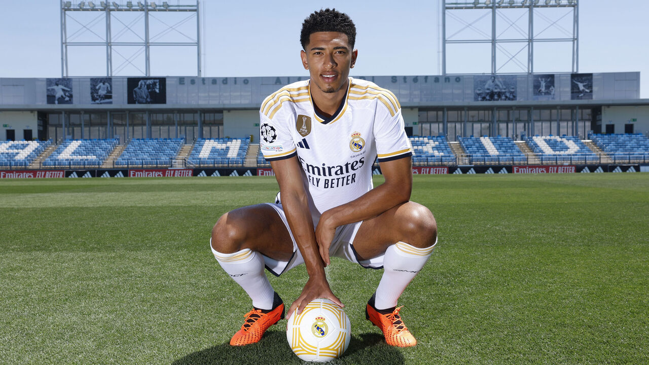 MADRID, SPAIN - JUNE 15: Jude Bellingham, new Real Madrid player, is unveiled at Valdebebas training ground on June 15, 2023 in Madrid, Spain.