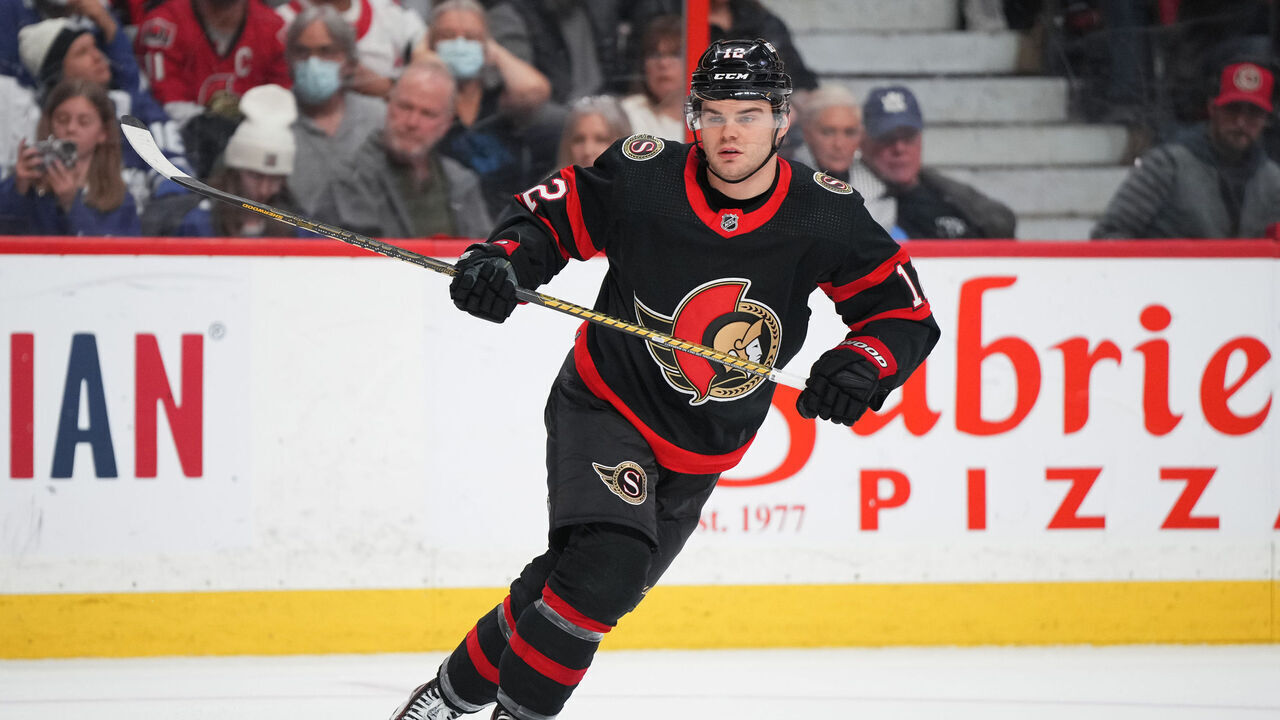 OTTAWA, CANADA - APRIL 1: Alex DeBrincat #12 of the Ottawa Senators skates against the Toronto Maple Leafs at Canadian Tire Centre on April 1, 2023 in Ottawa, Ontario, Canada.