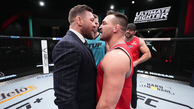 LAS VEGAS, NEVADA - MARCH 03: (L-R) Conor McGregor and Michael Chandler face off during the filming of The Ultimate Fighter at UFC APEX on March 3, 2023 in Las Vegas, Nevada.