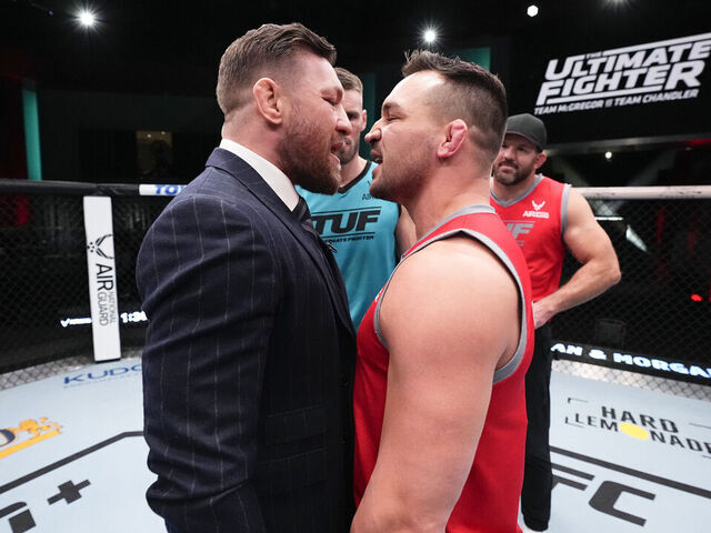 LAS VEGAS, NEVADA - MARCH 03: (L-R) Conor McGregor and Michael Chandler face off during the filming of The Ultimate Fighter at UFC APEX on March 3, 2023 in Las Vegas, Nevada.