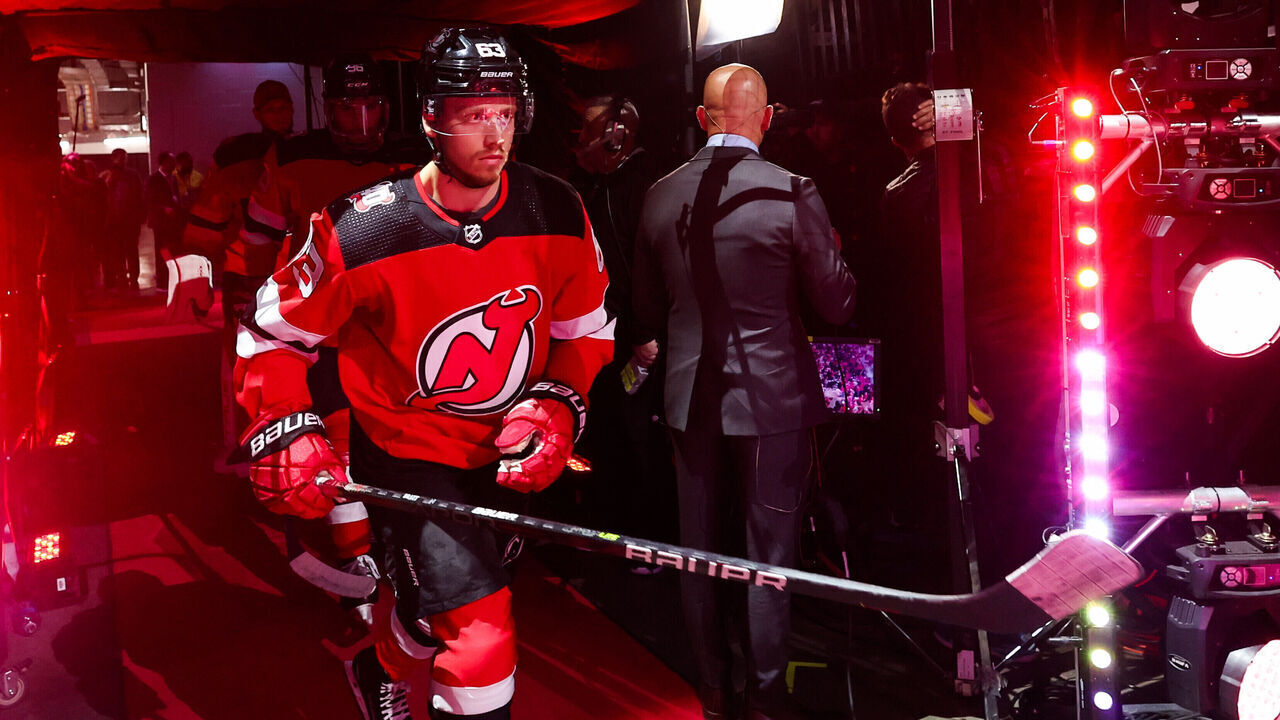 NEWARK, NJ - MAY 09: New Jersey Devils left wing Jesper Bratt (63) walks to the ice during Game 4 of an Eastern Conference Second Round playoff game between the Carolina Hurricanes and the New Jersey Devils on May 9, 2023, at Prudential Center in Newark, New Jersey.