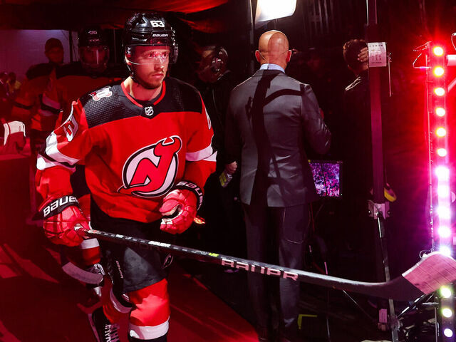 NEWARK, NJ - MAY 09: New Jersey Devils left wing Jesper Bratt (63) walks to the ice during Game 4 of an Eastern Conference Second Round playoff game between the Carolina Hurricanes and the New Jersey Devils on May 9, 2023, at Prudential Center in Newark, New Jersey.