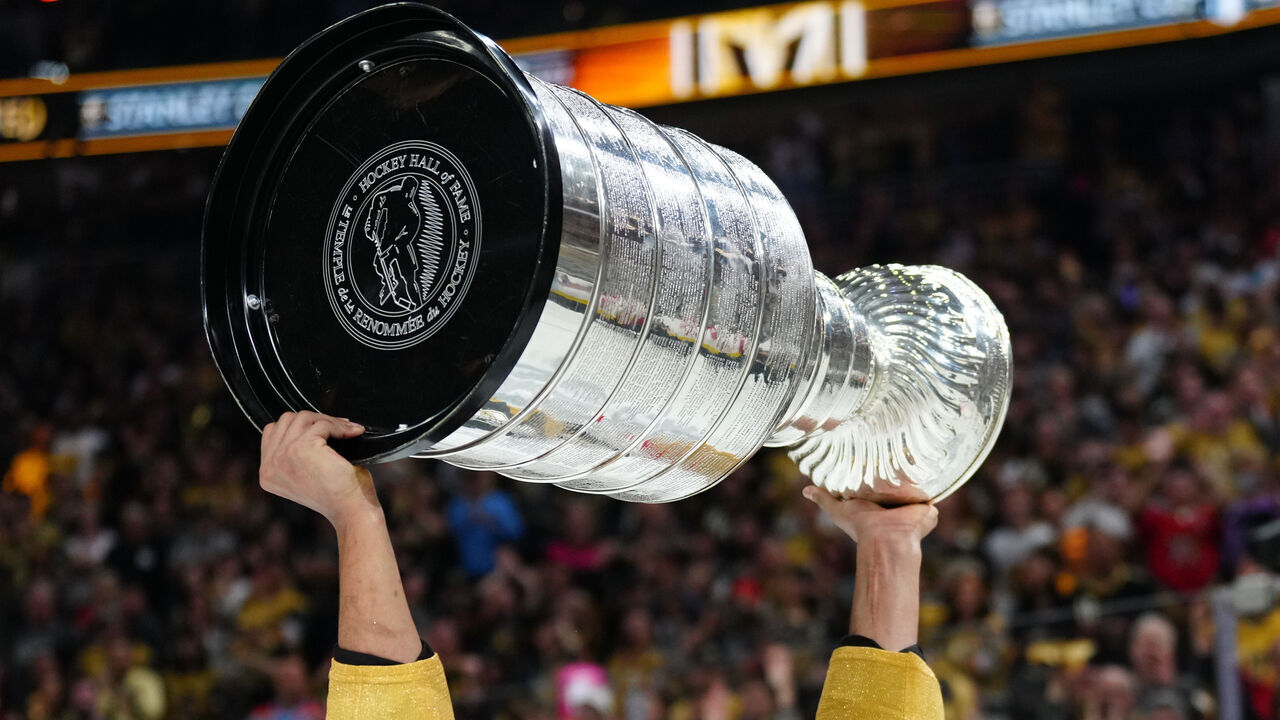 LAS VEGAS, NEVADA - JUNE 13: Keegan Kolesar #55 of the Vegas Golden Knights celebrates with the Stanley Cup after a 9-3 victory against the Florida Panthers in Game Five of the 2023 NHL Stanley Cup Final at T-Mobile Arena on June 13, 2023 in Las Vegas, Nevada.
