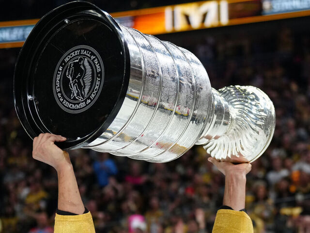 LAS VEGAS, NEVADA - JUNE 13: Keegan Kolesar #55 of the Vegas Golden Knights celebrates with the Stanley Cup after a 9-3 victory against the Florida Panthers in Game Five of the 2023 NHL Stanley Cup Final at T-Mobile Arena on June 13, 2023 in Las Vegas, Nevada.