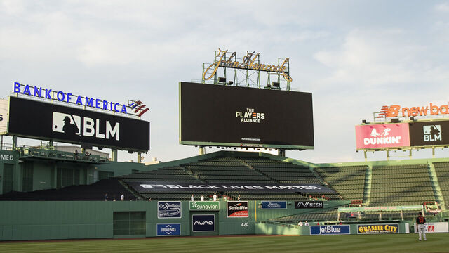 BOSTON, MA - JULY 24: The video board displays logos during a Black Lives Matter and Players Alliance pre-game ceremony before the Opening Day game between the Boston Red Sox and the Baltimore Orioles on July 24, 2020 at Fenway Park in Boston, Massachusetts. The 2020 season had been postponed since March due to the COVID-19 pandemic.
