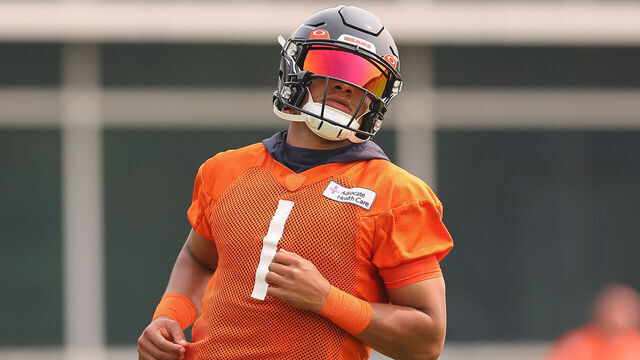 LAKE FOREST, ILLINOIS - JUNE 15: Justin Fields #1 of the Chicago Bears takes part in a drill during minicamp at Halas Hall on June 15, 2023 in Lake Forest, Illinois.
