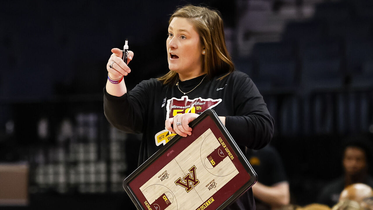 MINNEAPOLIS, MN - MARCH 01: Head coach Lindsay Whalen of the Minnesota Golden Gophers gives instruction against the Penn State Nittany Lions in the second half of the game in the first round of the Big Ten Women's Basketball Tournament at Target Center in Minneapolis, Minnesota. The Nittany Lions defeated the Golden Gophers 72-67.