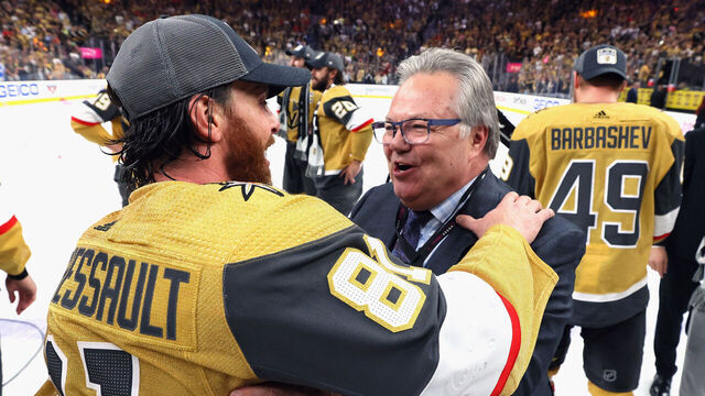 LAS VEGAS, NEVADA - JUNE 13: Jonathan Marchessault #81 and General Manager Kelly McCrimmon of the Vegas Golden Knights embrace following victory in Game Five of the 2023 NHL Stanley Cup Final at T-Mobile Arena on June 13, 2023 in Las Vegas, Nevada.