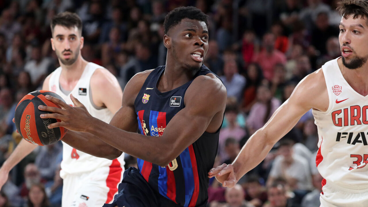 James Nnaji and Jaume Sorolla during the match between FC Barcelona and Basket Girona, corresponding to the week 7 of the Liga Endesa, played at the Palau Blaugrana, in Barcelona, on 06th November 2022.
