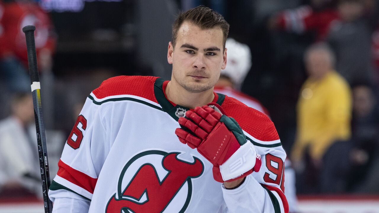 NEWARK, NEW JERSEY - APRIL 04: Timo Meier #96 of the New Jersey Devils skates during warmups prior to the game against the Pittsburgh Penguins at Prudential Center on April 04, 2023 in Newark, New Jersey.