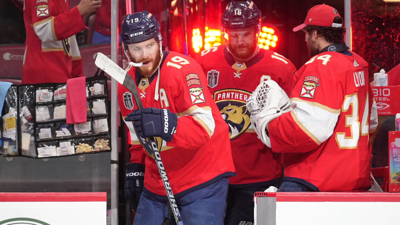 SUNRISE, FL - JUNE 08: Florida Panthers left wing Matthew Tkachuk (19) takes the ice for overtime during game three of the Stanley Cup Final between the Vegas Golden Knights and the Florida Panthers on Thursday, June 8, 2023 at FLA Live Arena, Sunrise, Fla.