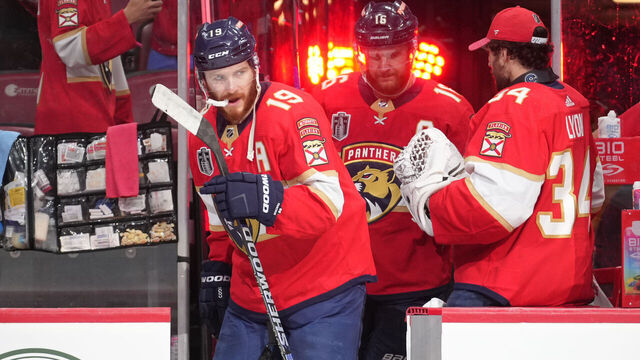 SUNRISE, FL - JUNE 08: Florida Panthers left wing Matthew Tkachuk (19) takes the ice for overtime during game three of the Stanley Cup Final between the Vegas Golden Knights and the Florida Panthers on Thursday, June 8, 2023 at FLA Live Arena, Sunrise, Fla.