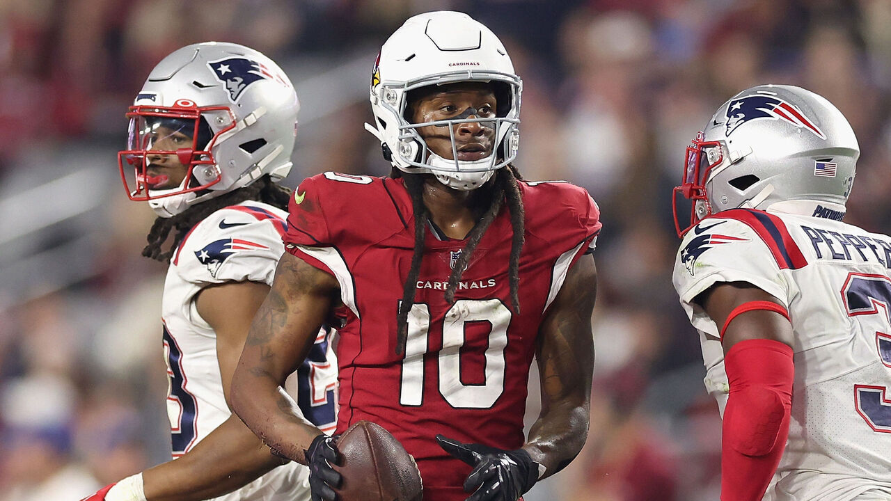 GLENDALE, ARIZONA - DECEMBER 12: Wide receiver DeAndre Hopkins #10 of the Arizona Cardinals after a reception against the New England Patriots during the NFL game at State Farm Stadium on December 12, 2022 in Glendale, Arizona. The Patriots defeated the Cardinals 27-13.