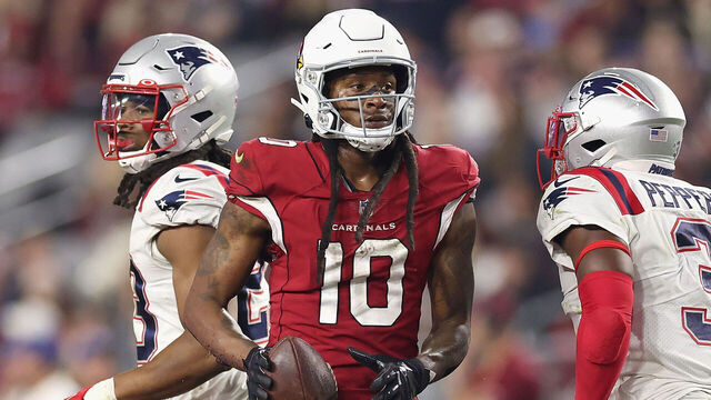 GLENDALE, ARIZONA - DECEMBER 12: Wide receiver DeAndre Hopkins #10 of the Arizona Cardinals after a reception against the New England Patriots during the NFL game at State Farm Stadium on December 12, 2022 in Glendale, Arizona. The Patriots defeated the Cardinals 27-13.