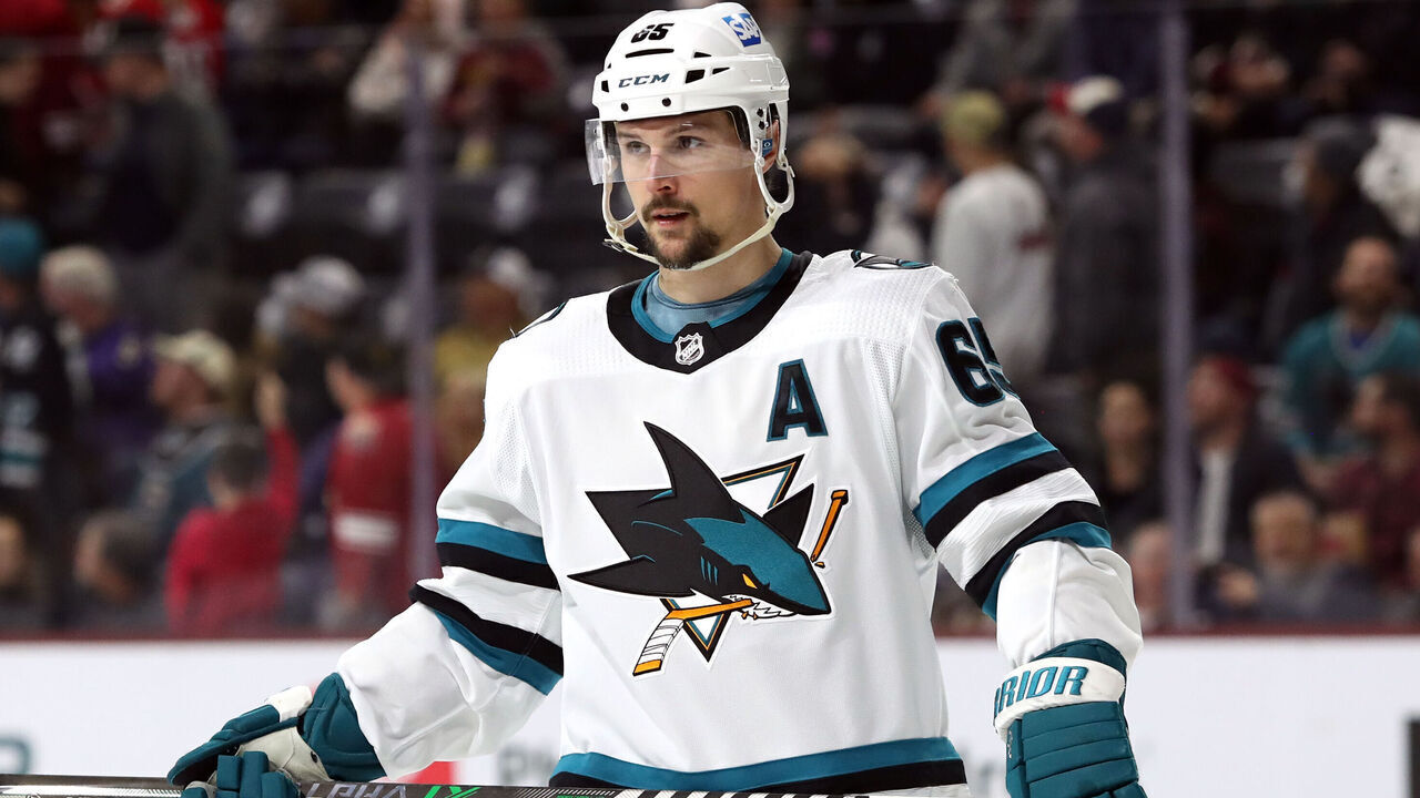 TEMPE, ARIZONA - APRIL 01: Erik Karlsson #65 of the San Jose Sharks skates before a faceoff against the Arizona Coyotes at Mullett Arena on April 01, 2023 in Tempe, Arizona.