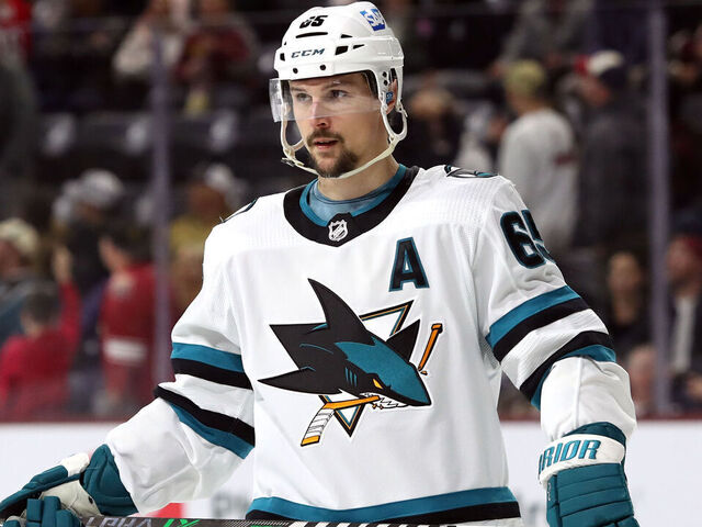 TEMPE, ARIZONA - APRIL 01: Erik Karlsson #65 of the San Jose Sharks skates before a faceoff against the Arizona Coyotes at Mullett Arena on April 01, 2023 in Tempe, Arizona.