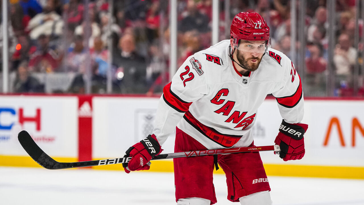 SUNRISE, FLORIDA - MAY 22: Brett Pesce #22 of the Carolina Hurricanes skates during the third period against the Florida Panthers in Game Three of the Eastern Conference Final of the 2023 Stanley Cup Playoffs at FLA Live Arena on May 22, 2023 in Sunrise, Florida.