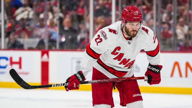 SUNRISE, FLORIDA - MAY 22: Brett Pesce #22 of the Carolina Hurricanes skates during the third period against the Florida Panthers in Game Three of the Eastern Conference Final of the 2023 Stanley Cup Playoffs at FLA Live Arena on May 22, 2023 in Sunrise, Florida.