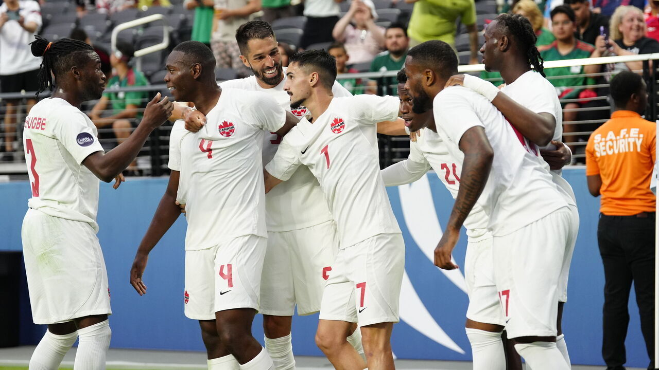 LAS VEGAS, NEVADA - JUNE 15: Jonathan David #20 of Canada celebrates his goal with his teammates in the first half against Panama during the 2023 CONCACAF Nations League semifinals at Allegiant Stadium on June 15, 2023 in Las Vegas, Nevada.