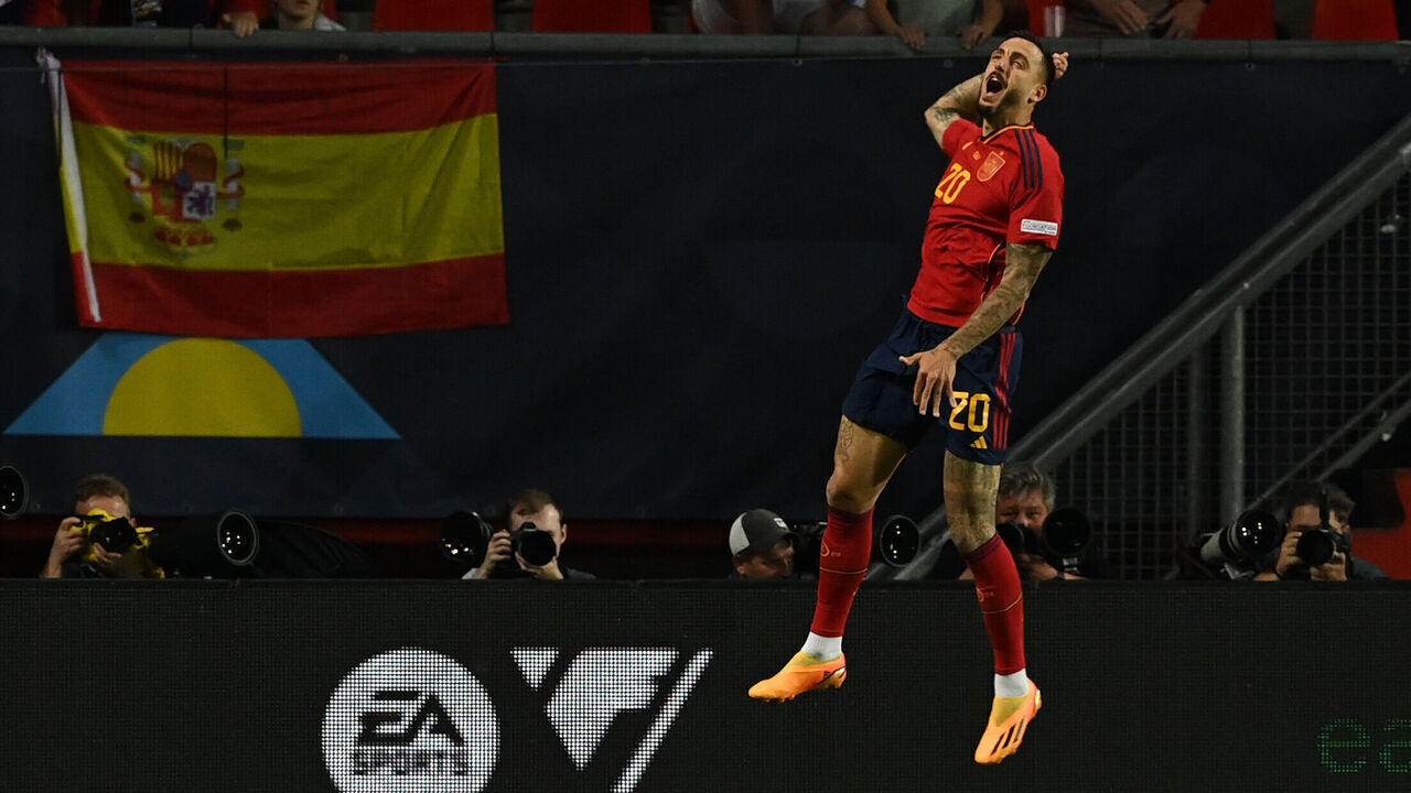 ENSCHEDE, NETHERLANDS - JUNE 15: Joselu of Spain celebrates after scoring his team's second goal during the UEFA Nations League 2022/23 semifinal match between Spain and Italy at FC Twente Stadium on June 15, 2023 in Enschede, Netherlands.