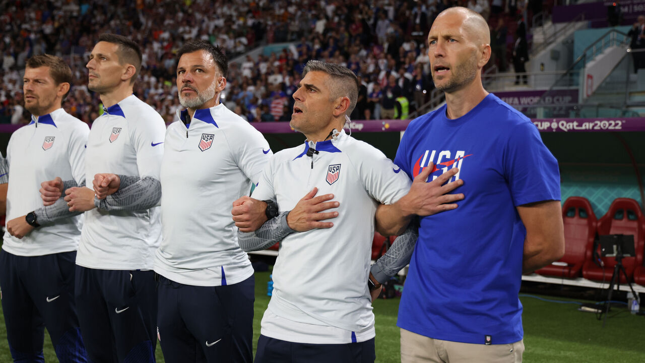 DOHA, QATAR - DECEMBER 3: Gregg Berhalter head coach of the United States and his bench during a FIFA World Cup Qatar 2022 Round of 16 match between Netherlands and USMNT at Khalifa International Stadium on December 3, 2022 in Doha, Qatar.