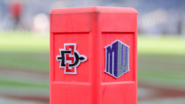 SAN DIEGO, CA - SEPTEMBER 08: The Mountain West Conference and the logo of the San Diego State Aztecs attached to the corner endzone pylon prior to their season home opener against the Sacramento State Hornets at SDCCU Stadium on September 8, 2018 in San Diego, California.