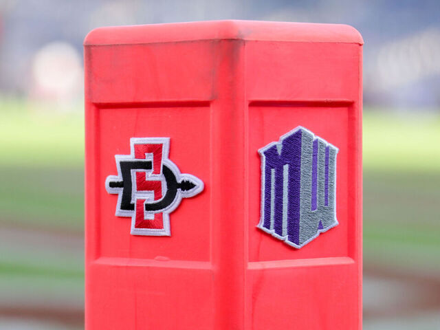 SAN DIEGO, CA - SEPTEMBER 08: The Mountain West Conference and the logo of the San Diego State Aztecs attached to the corner endzone pylon prior to their season home opener against the Sacramento State Hornets at SDCCU Stadium on September 8, 2018 in San Diego, California.