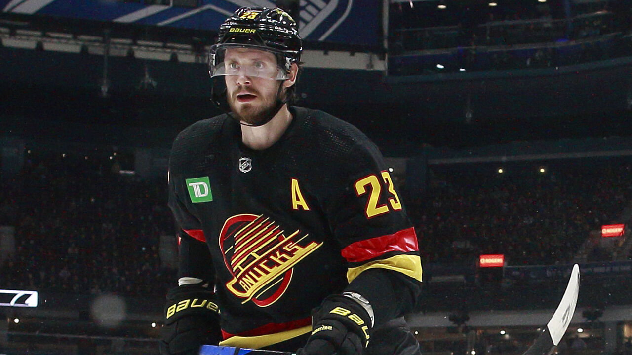 VANCOUVER, CANADA - JANUARY 18: Oliver Ekman-Larsson #23 of the Vancouver Canucks skates up ice during their NHL game against the Tampa Bay Lightning at Rogers Arena January 18, 2023 in Vancouver, British Columbia, Canada.
