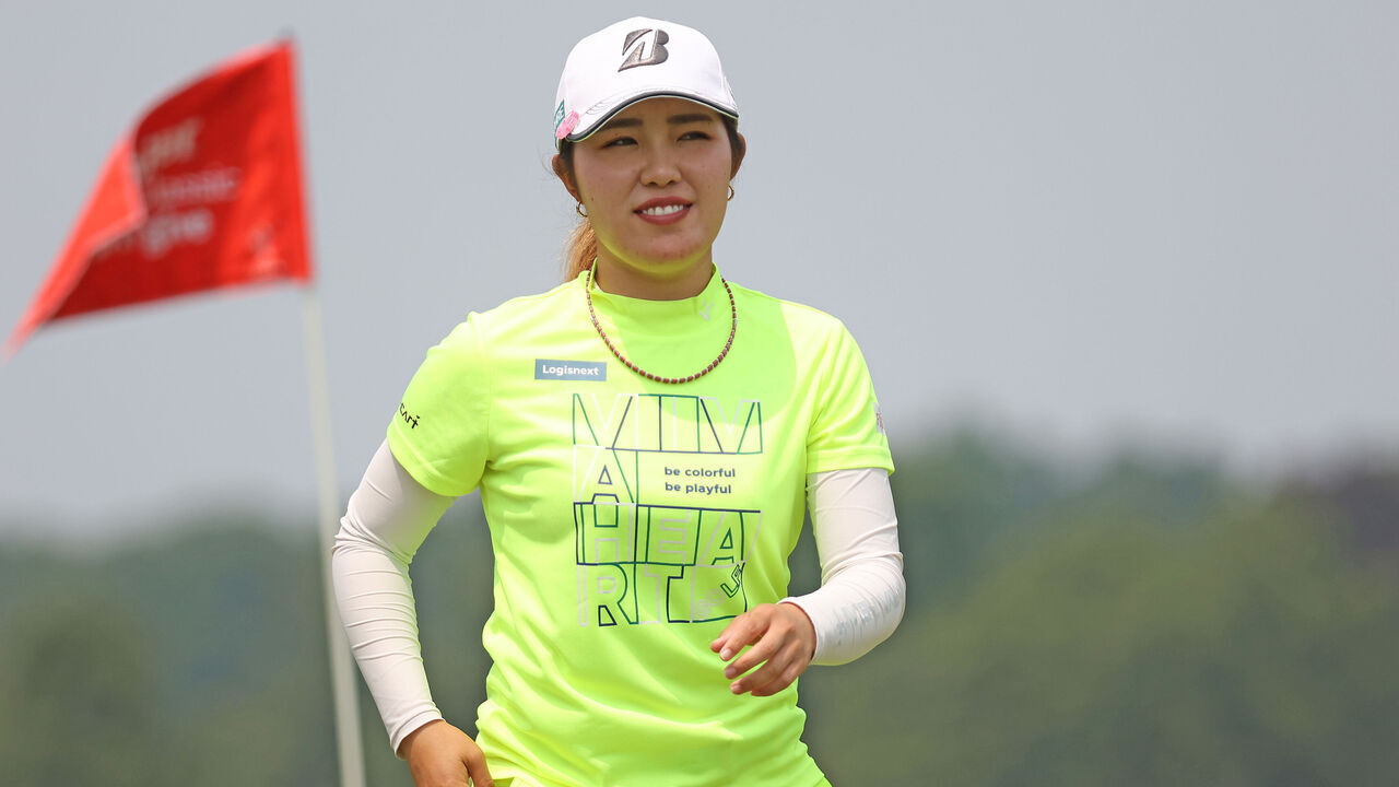 Ayaka Furue of Japan walks off the 9th green after finishing the second round of the Meijer LPGA Classic for Simply Give golf tournament at Blythefield Country Club in Belmont, MI, USA Friday, June 16, 2023.