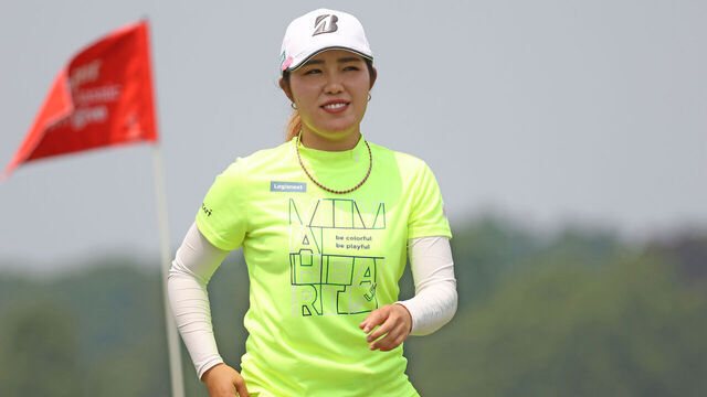 Ayaka Furue of Japan walks off the 9th green after finishing the second round of the Meijer LPGA Classic for Simply Give golf tournament at Blythefield Country Club in Belmont, MI, USA Friday, June 16, 2023.