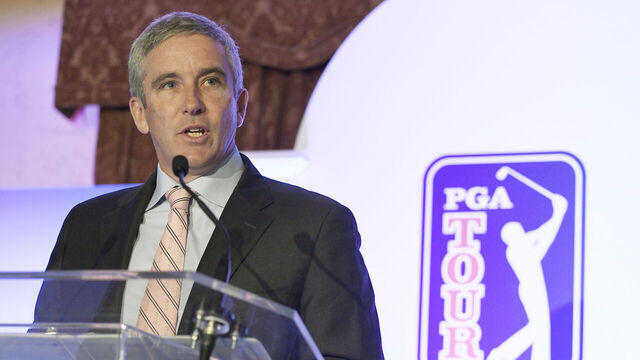 PONTE VEDRA BEACH, FL - JANUARY 19: PGA TOUR Commissioner Jay Monahan addresses the media and employees during the PGA TOUR Global Home press conference at TPC Sawgrass on January 19, 2018 in Ponte Vedra Beach, Florida. The PGA TOUR unveiled the plans for a new 187,000 square-foot headquarters, which is expected to be completed in 2020.