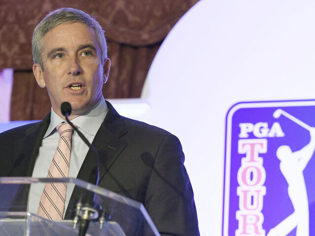 PONTE VEDRA BEACH, FL - JANUARY 19: PGA TOUR Commissioner Jay Monahan addresses the media and employees during the PGA TOUR Global Home press conference at TPC Sawgrass on January 19, 2018 in Ponte Vedra Beach, Florida. The PGA TOUR unveiled the plans for a new 187,000 square-foot headquarters, which is expected to be completed in 2020.